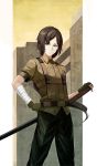  1boy bandage bandaged_arm bandages black_hair building collared_shirt cowboy_shot fingerless_gloves gloves grey_eyes hand_on_hilt hand_on_hip highres katana long_hair mosso1120 pants ponytail scabbard sheath sheathed shirt short_sleeves solo steins;gate steins;gate_0 sword urushibara_ruka weapon 