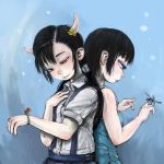  2girls back-to-back bare_arms bare_shoulders black_hair blue_background blue_dress bug closed_mouth collared_shirt commentary_request cyclops dragonfly dress dress_shirt ebimomo flower hair_flower hair_ornament hand_on_own_chest hand_up highres horns insect insect_on_finger ladybug low_twintails multiple_girls one-eyed original shirt short_sleeves skirt smile suspender_skirt suspenders twintails violet_eyes white_shirt wing_collar yellow_flower 