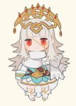  1girl belt cape cbc_p chibi closed_mouth cosplay crown dress fire_emblem fire_emblem_heroes grey_hair hair_ornament long_hair long_sleeves nintendo red_eyes short_dress simple_background solo standing veronica_(fire_emblem) white_background ylgr_(fire_emblem_heroes) ylgr_(fire_emblem_heroes)_(cosplay) 