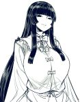  1girl bangs black_eyes black_hair breasts dress houraisan_kaguya huge_breasts long_hair long_sleeves looking_at_viewer monochrome ribbon smug space_jin teeth touhou very_long_hair wide_sleeves 