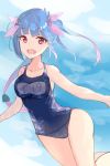  1girl :d blue_hair breasts fangs hair_ribbon highres hyakunin_momoko i-19_(kantai_collection) kantai_collection large_breasts long_hair looking_at_viewer name_tag one-piece_swimsuit open_mouth red_eyes ribbon school_swimsuit smile solo swimsuit tri_tails 