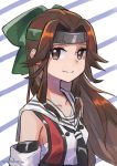  1girl artist_name black_neckwear brown_eyes brown_hair elbow_gloves forehead_protector gloves hachimaki hair_intakes half_updo headband jintsuu_(kantai_collection) kantai_collection long_hair looking_at_viewer mogamiya_honu neckerchief remodel_(kantai_collection) sailor_collar school_uniform serafuku smile solo upper_body white_sailor_collar 