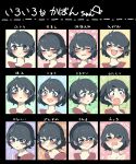  1girl absurdres black_eyes black_hair blush closed_eyes facial_expressions hair_between_eyes highres initsukkii kaban_(kemono_friends) kemono_friends laughing multiple_views open_mouth pout red_shirt shirt short_hair smile translated upper_body wavy_hair 