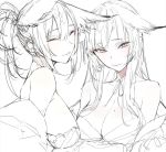  2girls animal_ears bangs bare_shoulders blush breasts closed_eyes closed_mouth ears_down eyeshadow fox_ears greyscale large_breasts looking_at_viewer makeup mole mole_on_breast monochrome multiple_girls off_shoulder original shunsei_(muratou) simple_background sketch slit_pupils smile symbol_commentary white_background 