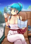  1girl 90s arabian_clothes arms_up blue_eyes blue_hair blue_sky blue_vest blush bracelet breasts bulma car car_interior choker cleavage clouds collarbone commentary_request cropped_legs day dragon_ball dragon_radar eyebrows eyebrows_visible_through_hair glint ground_vehicle holding holding_map jewelry katori_(mocchidou) large_breasts legs_crossed long_hair map map_(object) motor_vehicle mountain outdoors pants parted_lips ponytail raised_eyebrows shirt sitting sky solo vest white_pants white_shirt 