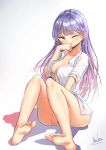  1girl alswp5806 bangs bare_legs barefoot blue_eyes blush breasts cleavage collared_shirt covered_mouth eyebrows_visible_through_hair head_tilt highres long_hair looking_at_viewer medium_breasts naked_shirt one_eye_closed open_clothes open_shirt original purple_hair shirt short_sleeves signature sitting sleeves_pushed_up soles solo very_long_hair white_shirt 