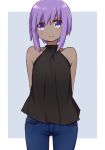  1girl alternate_costume arms_behind_back bangs bare_shoulders black_shirt blue_background blush border closed_mouth cowboy_shot denim eyebrows_visible_through_hair fate/grand_order fate_(series) halterneck hassan_of_serenity_(fate) i.u.y jeans looking_at_viewer outside_border pants purple_hair shirt short_hair sidelocks simple_background sleeveless sleeveless_shirt smile solo violet_eyes white_border 