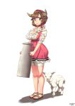  1girl alsea blush breasts brown_eyes brown_hair cleavage cow_horns dated dress full_body goat hood horns large_breasts looking_at_viewer milk original pink_dress sandals short_hair smile solo standing white_background 
