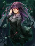  1girl absurdres asagami_fujino blue_dress breasts commentary_request dress fate/grand_order fate_(series) feet_out_of_frame fingernails hand_on_own_face highres kara_no_kyoukai long_dress long_hair medium_breasts open_mouth purple_hair red_eyes school_uniform solo standing user_hstd3528 