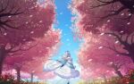  1girl absurdres back bad_link blue_footwear blue_sky cape cherry_blossoms chinese_clothes clouds cloudy_sky full_body fur_cape hair_ornament highres honkai_(series) honkai_impact_3rd long_hair official_art outdoors petals ponytail sky solo theresa_apocalypse theresa_apocalypse_(starlit_astrologos) thigh-highs tree walking white_cape white_hair white_legwear zhuge_kongming_(honkai_impact) 