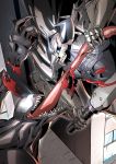  2boys armor black_cloak blood building commentary_request crossover dismemberment eiri_(eirri) fate/grand_order fate_(series) glowing glowing_eyes horns king_hassan_(fate/grand_order) long_tongue marvel multiple_boys open_mouth sharp_teeth skull skull_mask spider-man_(series) spikes sword symbiote teeth tongue tongue_out venom_(marvel) weapon 