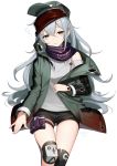  1girl bangs black_shorts blush blush_stickers brown_eyes clothes_grab coat g11_(girls_frontline) girls_frontline grey_shirt hair_between_eyes half-closed_eyes hat head_tilt highres jacket kinsenka_momi long_hair looking_at_viewer messy_hair open_clothes open_coat parted_lips pouch scarf scarf_on_head shirt short_shorts shorts shoulder_cutout sidelocks signature silver_hair simple_background single_knee_pad single_thighhigh sitting sleepy solo thigh-highs thigh_strap thighs very_long_hair white_background 