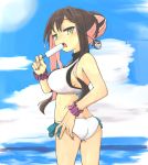  1girl alternate_costume alternate_hairstyle ass back bikini blue_bow blue_eyes blue_sky bow braid breasts brown_hair clouds commentary_request contrapposto cowboy_shot day fang fingernails food french_braid frilled_wrist_cuffs gradient_eyes hair_bun hair_intakes hand_on_hip hand_up highres kantai_collection large_breasts looking_at_viewer looking_back macbail multicolored multicolored_eyes multicolored_hair naganami_(kantai_collection) ocean open_mouth outdoors pink_hair popsicle short_hair_with_long_locks side-tie_bikini sky solo swimsuit thighs two-tone_hair white_bikini wrist_cuffs yellow_eyes 
