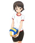  1girl ball bangs bike_shorts black_shorts blush brown_eyes brown_hair closed_mouth commentary cowboy_shot girls_und_panzer gym_shirt gym_uniform holding holding_ball isobe_noriko looking_at_viewer no_socks shirt short_hair short_shorts short_sleeves shorts simple_background smile solo standing t-shirt thigh_gap uasi volleyball white_background white_shirt 