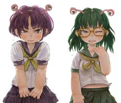  2girls antennae belly_peek blush closed_mouth commentary_request crying ebimomo extra_eyes fang_out fangs glasses green_eyes green_sailor_collar green_skirt highres looking_at_viewer multiple_girls neckerchief one_eye_closed orange-framed_eyewear original pleated_skirt purple_hair purple_sailor_collar purple_skirt sailor_collar school_uniform serafuku shirt short_hair short_sleeves simple_background skirt skirt_grab snot v_arms white_background white_shirt yellow_neckwear 