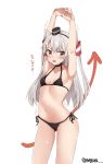  1girl alternate_costume amatsukaze_(kantai_collection) armpits bangs bikini black_bikini blush commentary_request eyebrows_visible_through_hair hair_between_eyes hair_tubes highres kantai_collection long_hair looking_at_viewer meguru_(megurunn) navel open_mouth outstretched_arms side-tie_bikini silver_hair simple_background smokestack smokestack_hair_ornament solo standing swimsuit translated two_side_up white_background 