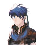  1boy blue_eyes blue_hair cape fire_emblem fire_emblem:_souen_no_kiseki gloves headband highres ike kky male_focus nintendo short_hair simple_background smile solo white_background 