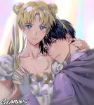  1boy 1girl artist_name bishoujo_senshi_sailor_moon black_hair blonde_hair blue_eyes breasts cleavage collarbone double_bun dress earrings endymion gearous gloves grey_gloves hair_ornament hand_holding interlocked_fingers jewelry light_smile long_hair looking_at_viewer princess_serenity shiny shiny_hair sleeveless sleeveless_dress small_breasts twintails upper_body white_dress 