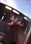  1girl blanket bloom blue_eyes book comfy cup fate/stay_night fate_(series) holding holding_cup miruto_netsuki mountain mug smile steam sun tohsaka_rin twintails 