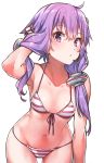  1girl arm_up armpits bikini blush breasts collarbone cowboy_shot front-tie_bikini front-tie_top headset konnyaku_(kk-monmon) leaning_forward looking_at_viewer navel purple_hair short_hair_with_long_locks side-tie_bikini sidelocks simple_background small_breasts solo striped striped_bikini swimsuit violet_eyes voiceroid white_background yuzuki_yukari 