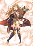  1girl ahoge blonde_hair blue_eyes book breasts cape center_opening circlet cleavage covered_navel fire_emblem fire_emblem_if full_body holding holding_book lightning long_hair medium_breasts nintendo open_book open_mouth ophelia_(fire_emblem_if) revolverwing solo standing 