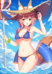  1girl animal_ear_fluff animal_ears beach_umbrella bikini blue_bikini blush breasts collarbone day ears_through_headwear fang fate/grand_order fate_(series) fox_ears fox_tail groin hat highres innertube large_breasts looking_at_viewer muq navel ocean open_mouth outdoors parasol pink_hair side-tie_bikini solo straw_hat sunglasses swimsuit tail tamamo_(fate)_(all) tamamo_no_mae_(swimsuit_lancer)_(fate) umbrella yellow_eyes 