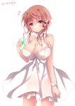  1girl :o bangs bare_arms bare_shoulders bendy_straw bow breasts brown_eyes brown_hair cleavage cowboy_shot cup dress drink drinking_glass drinking_straw eyebrows_visible_through_hair fingernails food hair_between_eyes hair_bow heart holding holding_cup ice_cream ice_cream_float ichiyou_moka large_breasts long_hair nail_polish original parted_lips pink_nails red_bow simple_background sleeveless sleeveless_dress solo standing twitter_username white_background white_dress 