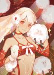  1boy 1girl altera_(fate) altera_the_santa animal bare_shoulders choker collarbone commentary_request culi_shao dark_skin detached_sleeves earmuffs fate/grand_order fate_(series) gloves headdress holding holding_animal looking_at_viewer midriff multicolored multicolored_background navel parted_lips red_eyes sheep short_hair smile solo stomach tan tattoo upper_body veil white_hair 
