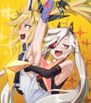  2girls armpits arms_up bangs bare_shoulders black_dress black_gloves blonde_hair blue_eyes blush bow breast_grab breasts chains clear_(dj_max) djmax_respect dress elbow_gloves eyebrows_visible_through_hair eyepatch fail_(djmax) fangs girls_frontline gloves grabbing habit hair_between_eyes hair_bow hair_ornament hair_ribbon hand_on_another&#039;s_stomach heart heart_in_mouth highres jitome long_hair looking_at_viewer medium_breasts multiple_girls open_mouth red_eyes ribbon sd_bigpie sideboob sidelocks single_elbow_glove sleeveless sleeveless_dress small_breasts smile sparkle star surprised twintails very_long_hair white_dress 