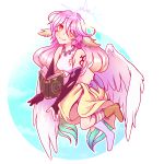  1girl absurdres angel_wings artist_request breasts bridal_gauntlets closed_mouth commentary crop_top cross english_commentary feathered_wings gradient_hair halo highres jibril_(no_game_no_life) large_breasts long_hair looking_at_viewer low_wings magic_circle midriff mismatched_legwear multicolored multicolored_eyes multicolored_hair navel no_game_no_life orange_eyes pink_hair shoes single_shoe smile solo symbol-shaped_pupils tattoo very_long_hair white_wings wing_ears wings yellow_eyes 