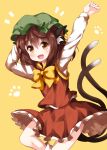  1girl :d animal_ear_fluff animal_ears arms_up bangs bow bowtie brown_eyes brown_hair cat_ears cat_tail chen commentary_request cowboy_shot earrings eyebrows_visible_through_hair fang green_hat hair_between_eyes hand_behind_head hat highres jewelry long_sleeves looking_at_viewer miniskirt mob_cap multiple_tails nekomata open_mouth paw_print petticoat red_skirt red_vest ruu_(tksymkw) shirt simple_background skirt skirt_set smile socks solo tail thighs touhou two_tails vest white_legwear white_shirt yellow_background yellow_bow yellow_neckwear 