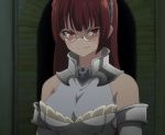  1girl alicia_crystella bare_shoulders body_armor breasts brown_hair evil_grin evil_smile glasses grin isekai_maou_to_shoukan_shoujo_dorei_majutsu long_hair matching_hair/eyes red_eyes redhead screencap smile solo standing stitched third-party_edit upper_body 