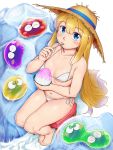  1girl :3 bangs bare_arms bare_legs bare_shoulders barefoot bikini blonde_hair blue_eyes blush breasts brown_hat closed_mouth collarbone eyebrows_visible_through_hair hair_between_eyes hat highres looking_at_viewer madou_monogatari navel orizen puyo_(puyopuyo) puyopuyo shaved_ice side-tie_bikini simple_background sitting small_breasts solo stool straight_hair straw_hat swimsuit thighs white_background white_bikini witch_(puyopuyo) 