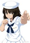  1girl bangs black_eyes black_hair blouse clenched_hand commentary dixie_cup_hat eyebrows_visible_through_hair fighting_stance foreshortening frown girls_und_panzer hat long_hair long_sleeves looking_at_viewer military_hat miniskirt murakami_(girls_und_panzer) navy_blue_neckwear neckerchief ooarai_naval_school_uniform parted_lips pleated_skirt reaching_out sailor sailor_collar school_uniform shibagami simple_background skirt sleeves_rolled_up solo standing twitter_username upper_body v-shaped_eyebrows white_background white_blouse white_hat white_skirt 
