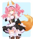  1girl \n/ animal_ears apron bangs black_bow black_dress blue_background blush bow bow_panties breasts brown_legwear closed_mouth commentary_request cowboy_shot detached_sleeves dress eyebrows_visible_through_hair fate/grand_order fate_(series) fox_ears fox_girl fox_tail frilled_apron frilled_legwear frills hair_between_eyes highres large_breasts long_hair long_sleeves maid maid_headdress panties pink_hair pleated_dress shiosoda sleeveless sleeveless_dress smile solo tail tamamo_(fate)_(all) tamamo_no_mae_(fate) thigh-highs twintails two-tone_background underwear waist_apron white_apron white_background white_panties yellow_eyes 