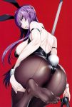  1girl absurdres animal_ears back bare_shoulders black_legwear black_leotard blue_eyes breasts bunny_tail bunnysuit busujima_saeko deep_skin fake_animal_ears feet fei_(maidoll) from_behind high_heels highres highschool_of_the_dead large_breasts leg_up leotard lips lipstick long_hair looking_back makeup pantyhose parted_lips pole purple_hair rabbit_ears red_background scan shiny shiny_clothes shiny_hair shoes_removed shoulder_blades sidelocks soles solo stripper_pole tail toes wrist_cuffs 
