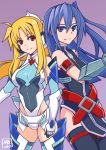  2girls blonde_hair blue_eyes blue_hair boots cosplay costume_switch fate_testarossa gauntlets hibun_tsukasa highres kazanari_tsubasa lyrical_nanoha mahou_shoujo_lyrical_nanoha mizuki_nana multiple_girls purple_background red_eyes seiyuu_connection senki_zesshou_symphogear side_ponytail sleeveless smile thigh-highs thigh_boots 