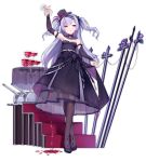  1girl ajax_(azur_lane) alcohol alternate_costume arm_up azur_lane bangs bare_shoulders black_bow black_dress black_footwear black_hat blush bow breasts bridal_gauntlets brown_legwear cannon crossed_legs cup dress dress_lift drinking_glass eyebrows_visible_through_hair floating_hair flower full_body hair_bow hat hat_flower head_tilt high_heels holding holding_cup kaede_(003591163) legs_crossed lifted_by_self long_hair long_sleeves mini_hat mini_top_hat official_art one_eye_closed pantyhose parted_lips pouring purple_flower purple_hair purple_rose rose see-through shoes small_breasts smile smirk stairs standing strapless strapless_dress striped table tilted_headwear top_hat transparent_background tsurime turret two_side_up vertical-striped_hat vertical_stripes very_long_hair violet_eyes watson_cross wine wine_glass 