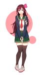  1girl black_legwear brown_eyes brown_hair circle_background crescent crescent_moon_pin full_body green_sailor_collar green_skirt hands_together highres kantai_collection kisaragi_(kantai_collection) long_hair neckerchief pleated_skirt red_neckwear remodel_(kantai_collection) sailor_collar school_uniform serafuku skirt solo standing thigh-highs white_background yuuji_(and) 