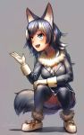  1girl :d animal_ear_fluff animal_ears black_legwear blue_eyes breast_pocket commentary_request extra_ears eyebrows_visible_through_hair fangs fur_collar fur_trim gloves grey_background grey_hair grey_wolf_(kemono_friends) hand_up heterochromia highres kemono_friends long_hair long_sleeves looking_away multicolored_hair necktie open_mouth panties pantyshot plaid plaid_neckwear plaid_skirt pleated_skirt pocket shoes signature simple_background skirt smile solo squatting streaked_hair tail thigh-highs underwear welt_(kinsei_koutenkyoku) white_gloves white_hair wolf_ears wolf_tail yellow_eyes 