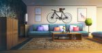  bicycle book book_stack cabinet couch cup cushion day ground_vehicle highres indoors lamp no_humans original painting_(object) plant potted_plant rkmlady rug table 