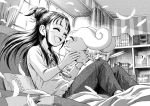  1girl :d ^_^ bed bed_frame bed_sheet blue_eyes book bookshelf choppy closed_eyes closed_eyes commentary_request creature curtains cushion desk_lamp feathers futari_wa_precure_splash_star greyscale hair_bun holding indoors lamp long_hair long_sleeves mishou_mai monochrome nakajima_majikana neck_ribbon on_bed open_mouth pants pillow precure ribbon shirt sidelocks sitting smile stereo striped whistle window 