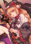  1girl boots braid brown_eyes brown_hair character_request eyebrows_visible_through_hair grimms_notes halloween highres holding holding_sword holding_weapon knee_boots kosai_takayuki long_hair looking_at_viewer parted_lips purple_footwear solo sword very_long_hair weapon 