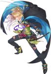  1boy armor asajima_yoshiyuki black_gloves blonde_hair blood cape earrings fighting_stance full_body gloves grin hair_ornament hairclip injury japanese_armor jewelry katana kouryuu_kagemitsu male_focus official_art pants ponytail smile stud_earrings sword torn_clothes torn_jacket torn_pants touken_ranbu transparent_background violet_eyes weapon 