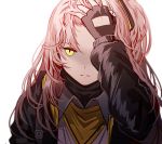  1girl armband bangs black_jacket girls_frontline gloves grey_hair hair_between_eyes hair_ornament hand_in_hair hand_on_own_head hood hood_down hooded_jacket jacket long_hair looking_at_viewer one_side_up open_clothes open_jacket parted_lips scar scar_across_eye scarf shirt silence_girl ump45_(girls_frontline) upper_body white_shirt yellow_eyes 