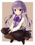  1girl black_legwear black_skirt brown_background eyebrows_visible_through_hair fleur_de_lapin_uniform gochuumon_wa_usagi_desu_ka? gun hair_ornament hairclip handgun holding holding_gun holding_weapon long_hair long_sleeves looking_at_viewer pantyhose pistol purple_hair purple_neckwear ratryu simple_background sitting skirt solo tedeza_rize twintails weapon 