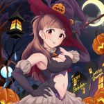  1girl :p absurdres armpits asanaya bangs bare_shoulders bat_wings black_dress black_gloves blunt_bangs blush braid breasts brown_hair cleavage crescent_moon dress elbow_gloves eyebrows_visible_through_hair gloves halloween halloween_costume hand_on_hip happy_halloween hat highres idolmaster idolmaster_cinderella_girls jack-o&#039;-lantern kamiya_nao lantern long_hair looking_at_viewer medium_breasts moon navel navel_cutout night pumpkin solo staff tongue tongue_out town violet_eyes wings witch witch_hat 