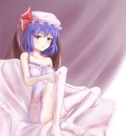  1girl absurdres adjusting_clothes adjusting_legwear ass babydoll bare_shoulders blush breasts collarbone demon_wings doge_(jkdoge) hair_between_eyes hat hat_ribbon highres indoors looking_at_viewer medium_hair mob_cap open_mouth purple_hair red_eyes remilia_scarlet ribbon small_breasts strap_slip thigh-highs touhou vampire white_legwear wings 