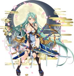  1girl absurdly_long_hair ahoge black_gloves black_legwear blue_eyes blush breasts cleavage earrings elbow_gloves eyebrows_visible_through_hair full_body gloves green_hair heart heart_earrings holding holding_sword holding_weapon jewelry large_breasts long_hair looking_at_viewer murakami_yuichi official_art one_eye_closed oshiro_project oshiro_project_re platform_footwear sheath sheathed smile solo sword thigh-highs tokugawa_osaka_(oshiro_project) torn_clothes torn_thighhighs transparent_background very_long_hair weapon 