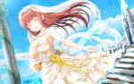  1girl 2018 amatsu_kanata arm_strap artist_name bangs bare_shoulders basket blue_sky breasts bridal_veil bride brown_hair choker church cleavage closed_eyes clouds collarbone commentary_request dated day dress eyebrows eyebrows_visible_through_hair flower girlfriend_(kari) gloves highres holding holding_basket jewelry large_breasts long_hair masa_(mirage77) medium_breasts necklace open_mouth outdoors partial_commentary petals rose sky smile solo stairs standing strapless strapless_dress veil wallpaper wedding wedding_dress white_choker white_dress white_gloves white_neckwear yellow_flower yellow_rose 